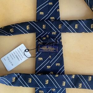 NWT Sam Well Thailand Silk Elephant Tie Navy Blue Gold Pinstripe Embroidered